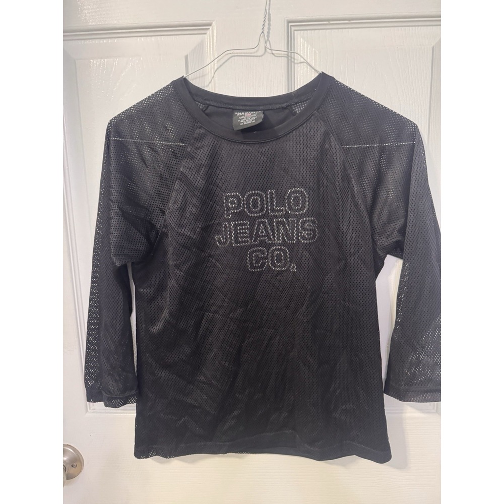 Polo Jeans Co Ralph Lauren Womens L Black Sheer Mesh Logo Raglan Sleeve Top